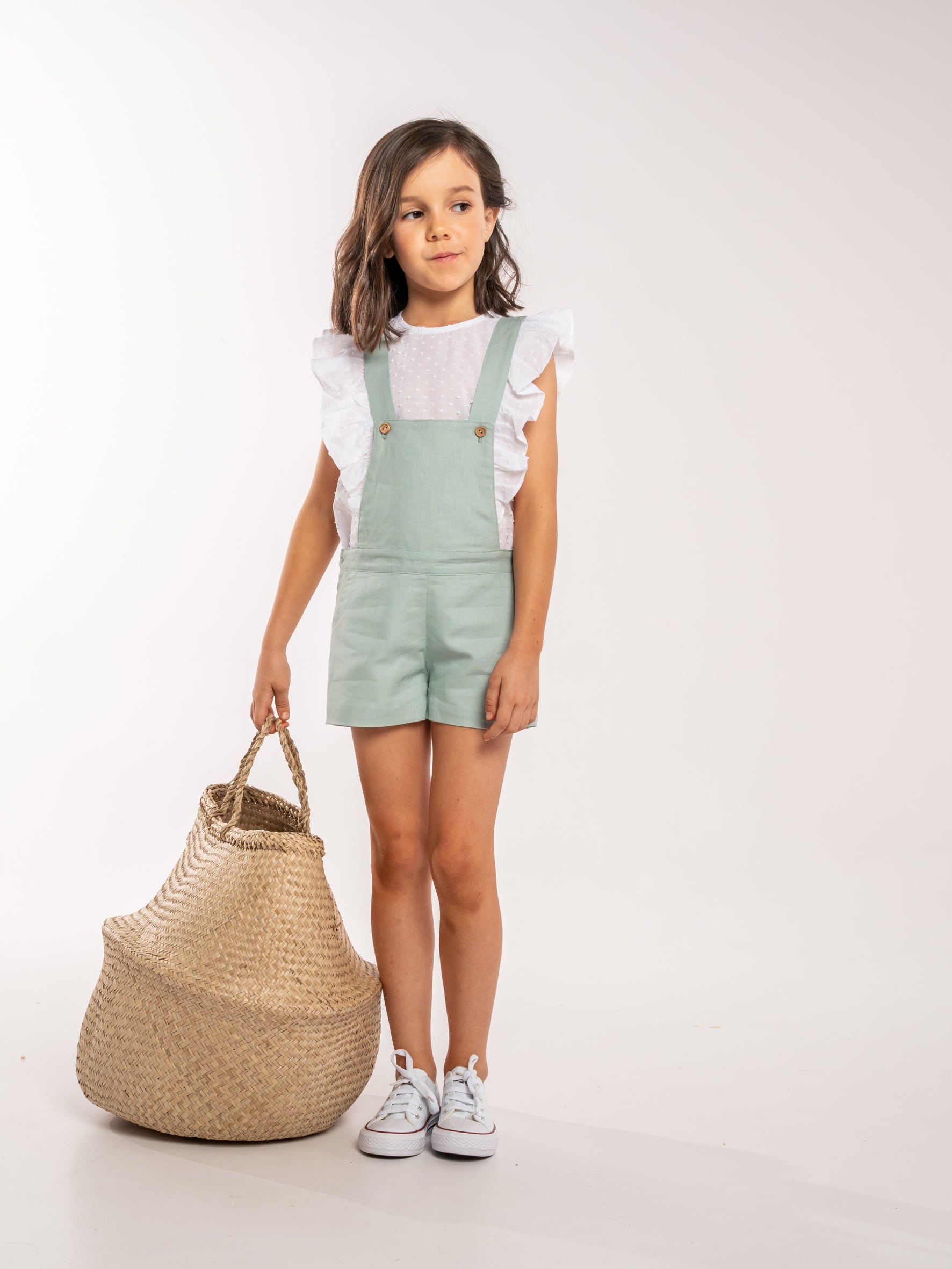Green linen dungarees