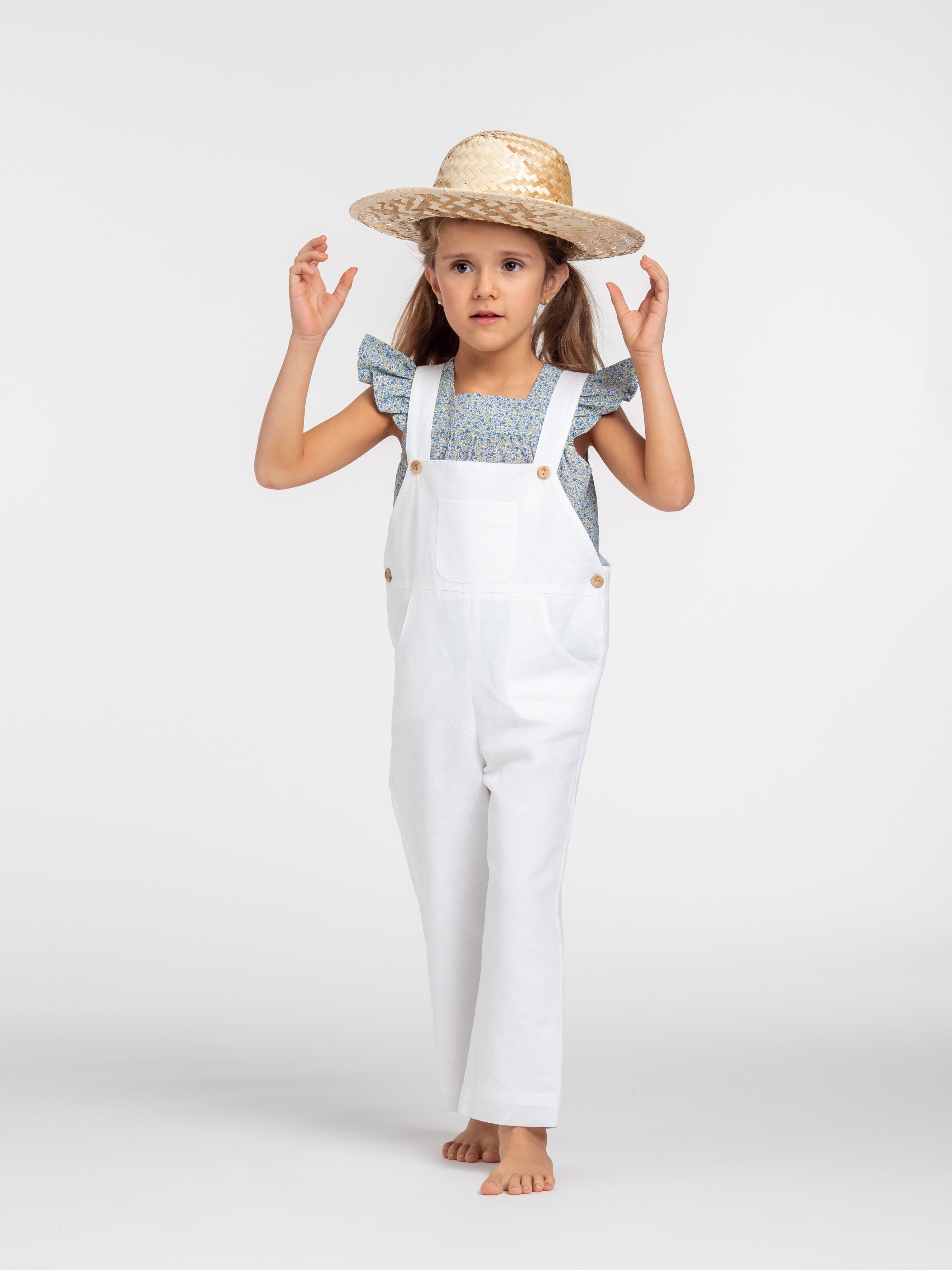 Long white linen dungarees